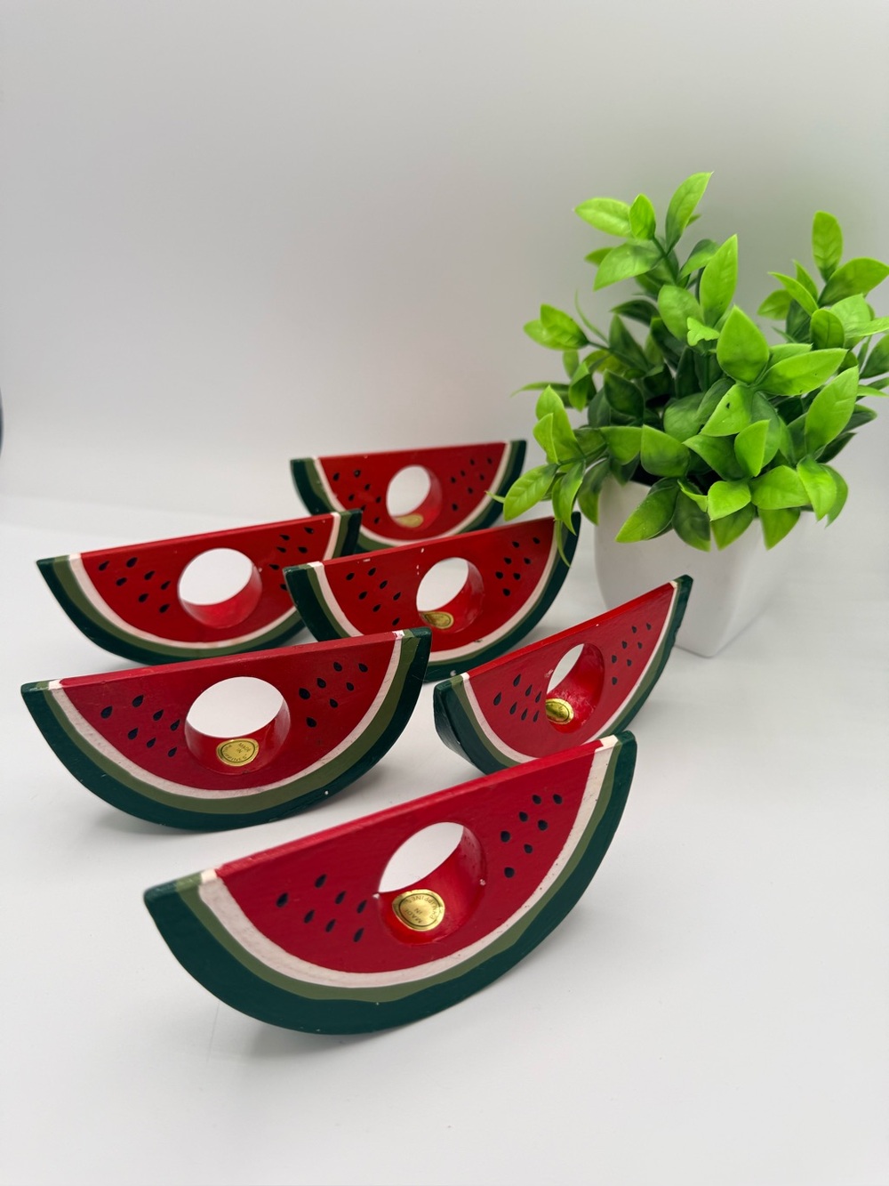 Vtg Hand Painted Wooden Watermelon Napkin Rings Set of 6 Made in Philippines